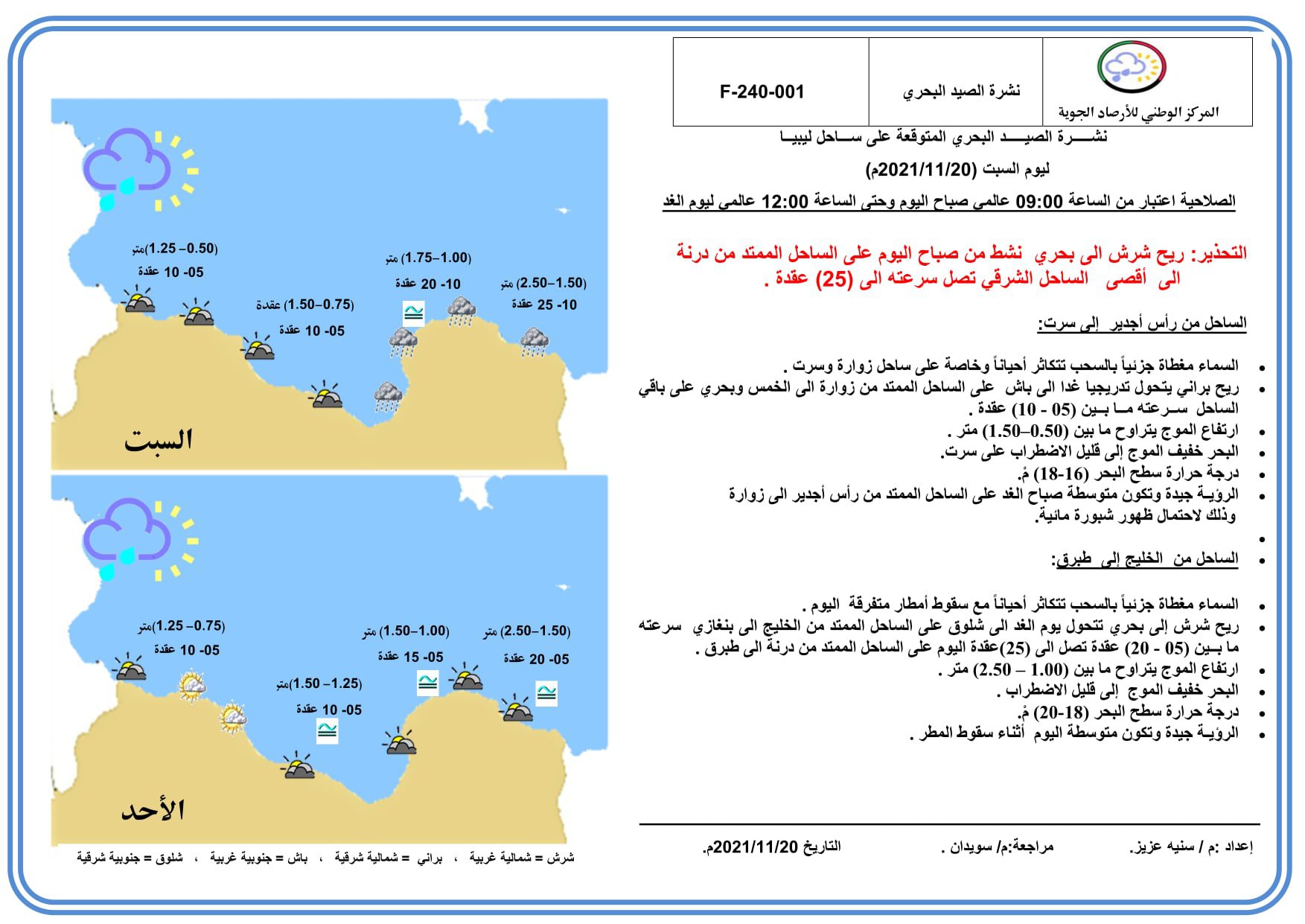 الأحوال الجوية ونشـــــرة الصيـــــد البحري المتوقعة على ليبيا