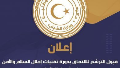 وزارة الشباب تعلن عن قبول الترشح للالتحاق بدورة تقنيات إحلال السلام والأمن